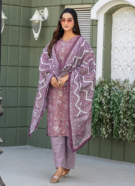 Lavender Colour Cotton Blend With Print Kurti With Pant Dupatta Exporters In India Aaradhna 2029